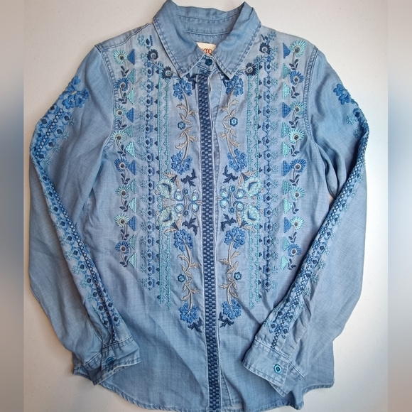 Driftwood Sundance Blue Embroidered Boho Chic Denim Shirt XS - Picture 8 of 14